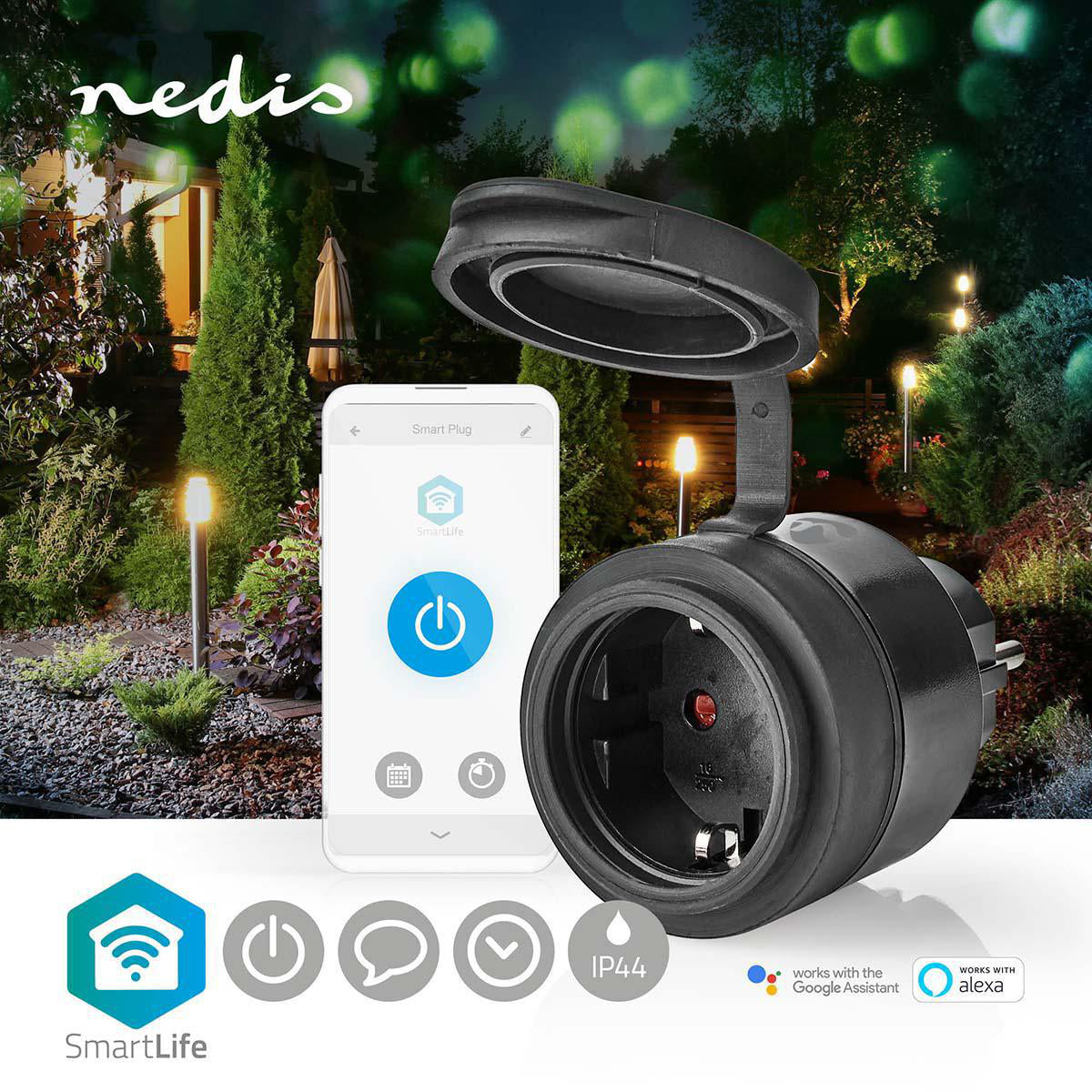 Smart Stecker zum Geräte ein- und ausschalten Stromsparen Strom sparen| Wi-Fi, IP44, 3680 W, Schutzkontakt / Typ F (CEE 7/7), -5 bis +40°C, SmartLife Android™ / IOS